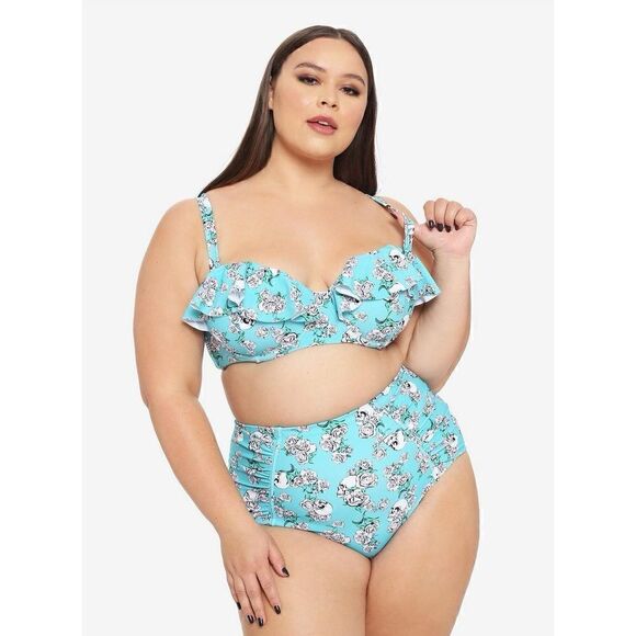 Turquoise Skull Rose Ruffle Bandeau Swim Top Plus Size 3 - Picture 8 of 8